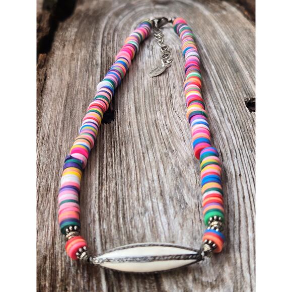 Multi Color Puka Shell Necklace w/Pave Diamond, Sterling Silver & White Enamel - Picture 2 of 10